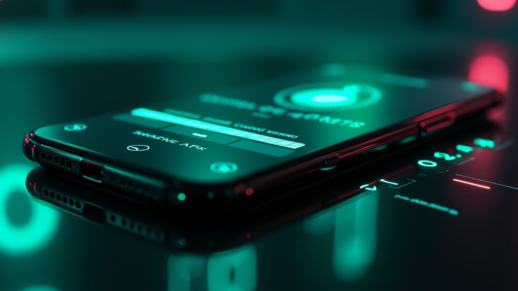 هاتف أندرويد يحمل ملف APK مع شريط تنزيل داخل أجواء كازينو داكنة